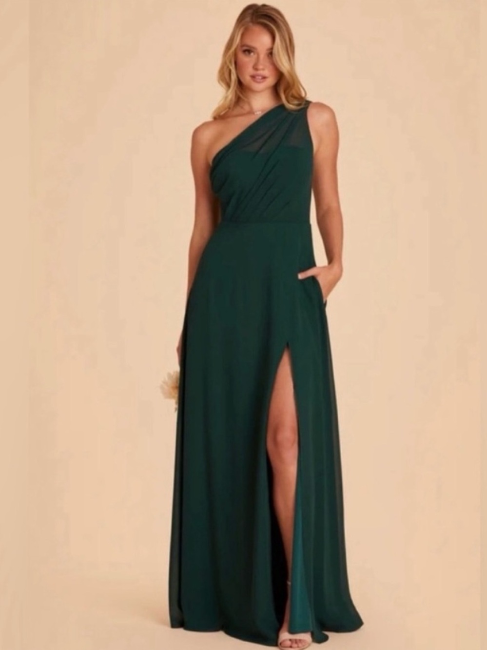 Birdy Grey • Women’s XS • One-Shoulder Emerald Green Evening Dress • Front Slit